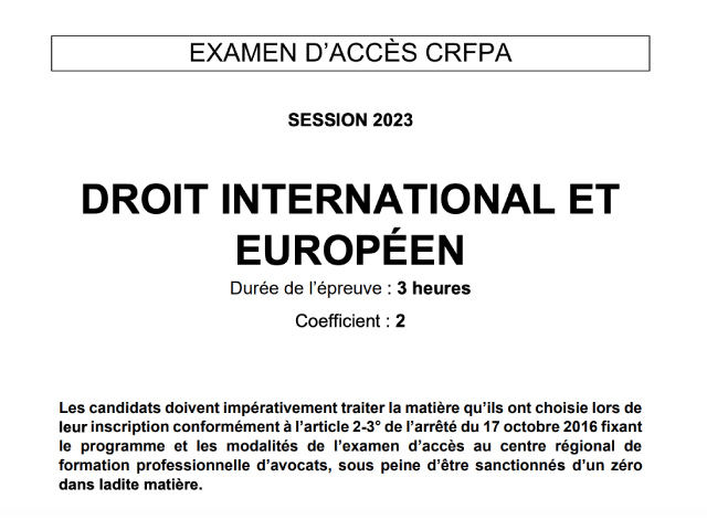 CRFPA : Préparation à l'épreuve de droit international et européen (sujet 2023)