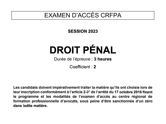 CRFPA : Préparation à l'épreuve de droit pénal (sujet 2023)